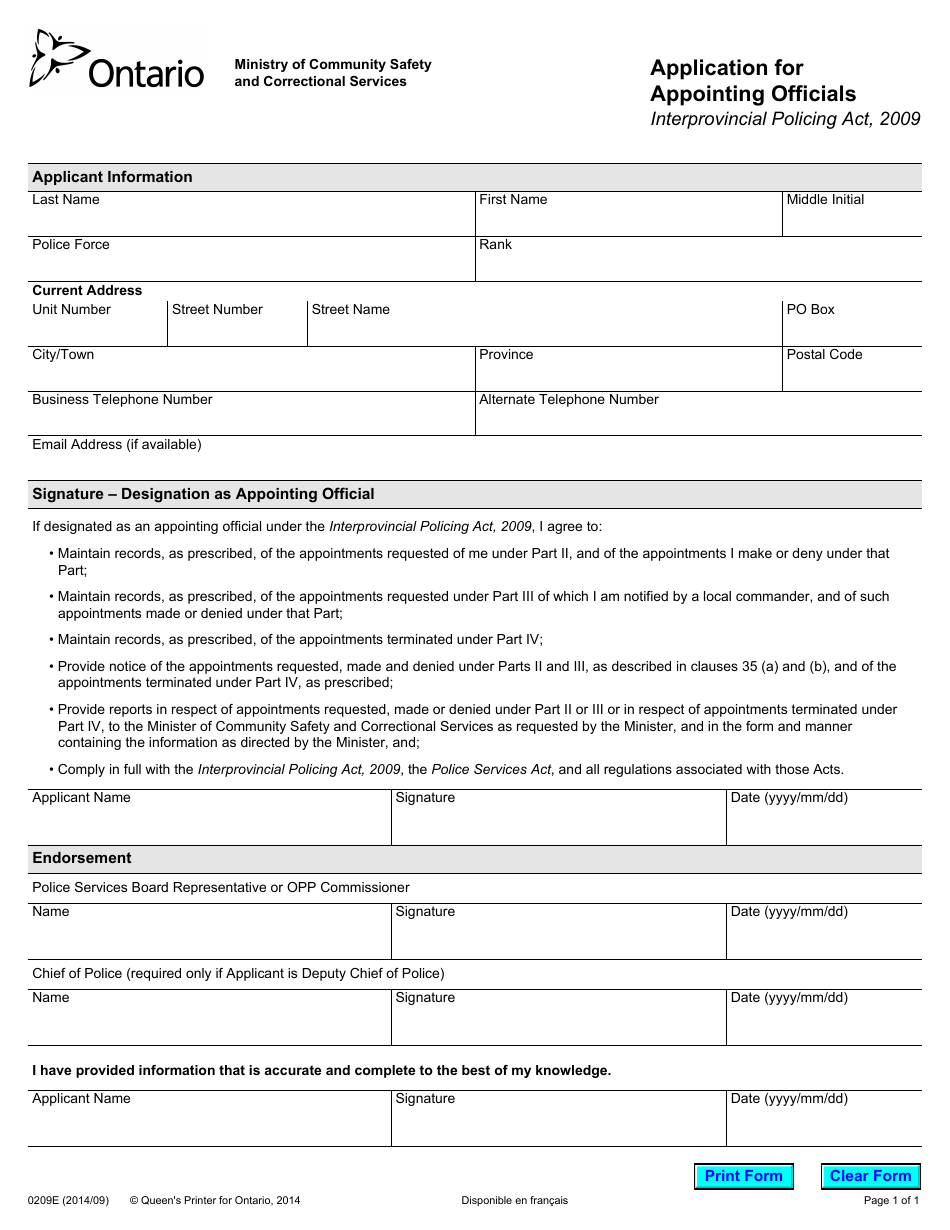 Form 0209E Application for Appointing Officials - Ontario, Canada, Page 1