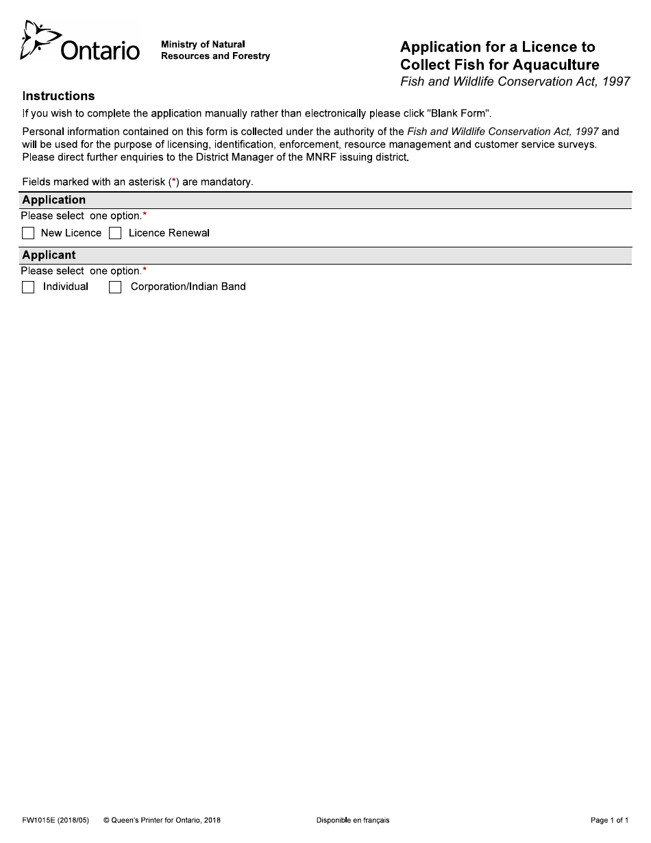 Form FW1015E Application for a Licence to Collect Fish for Aquaculture - Ontario, Canada, Page 1