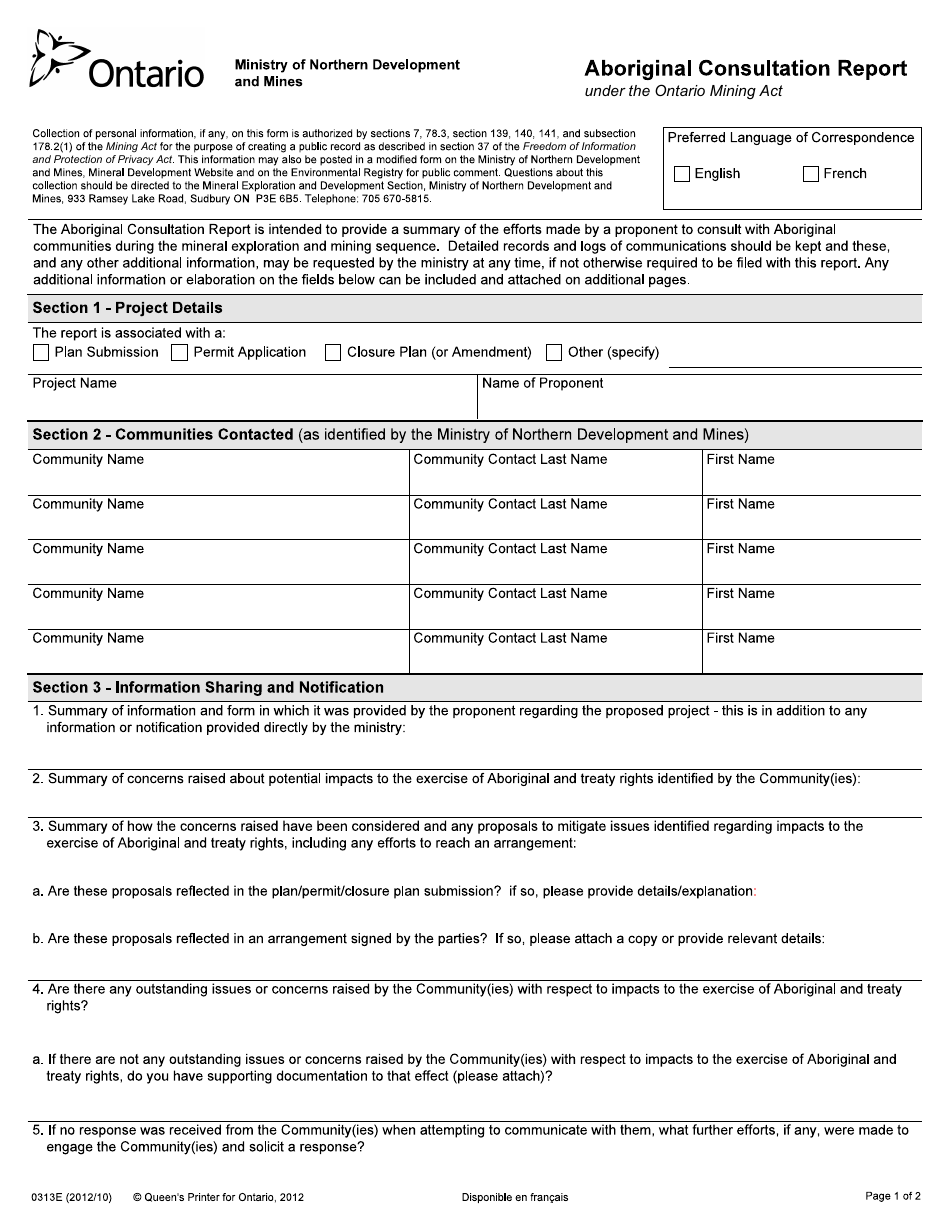 Form 0313E Aboriginal Consultation Report - Ontario, Canada, Page 1