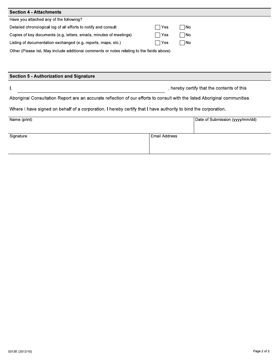 Form 0313E Aboriginal Consultation Report - Ontario, Canada, Page 2