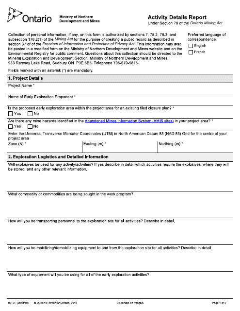 Form 0312E Activity Details Report - Ontario, Canada