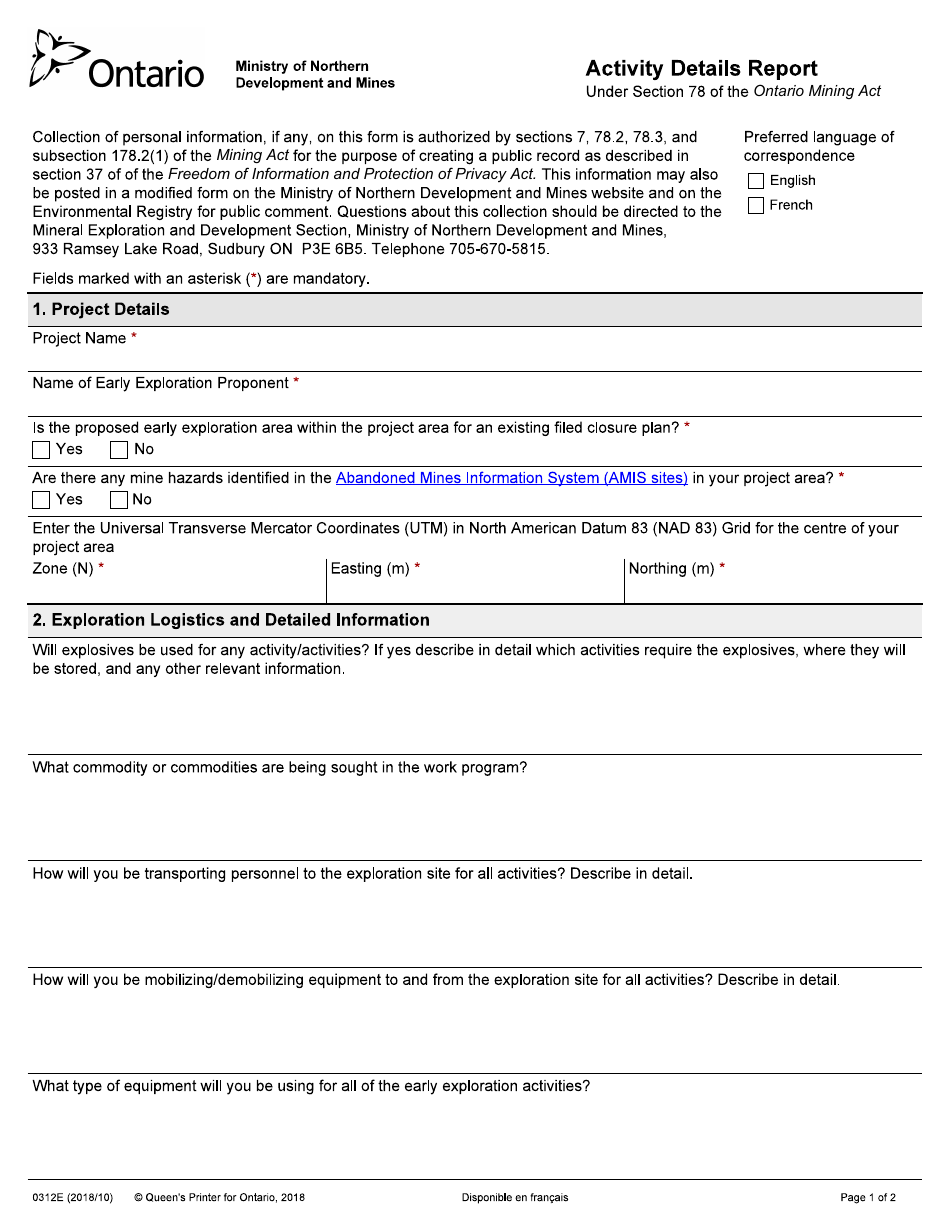 Form 0312E Activity Details Report - Ontario, Canada, Page 1