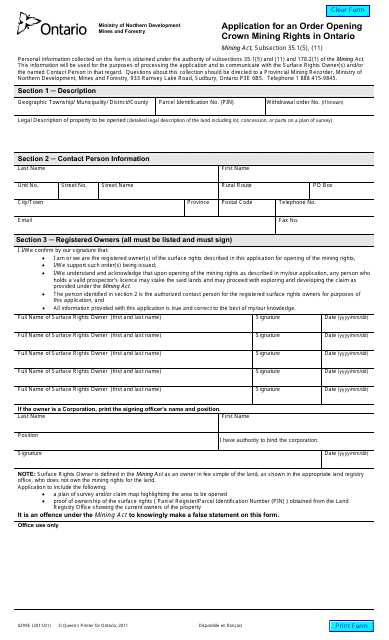 Form 0299E Application for an Order Opening Crown Mining Rights in Ontario - Ontario, Canada