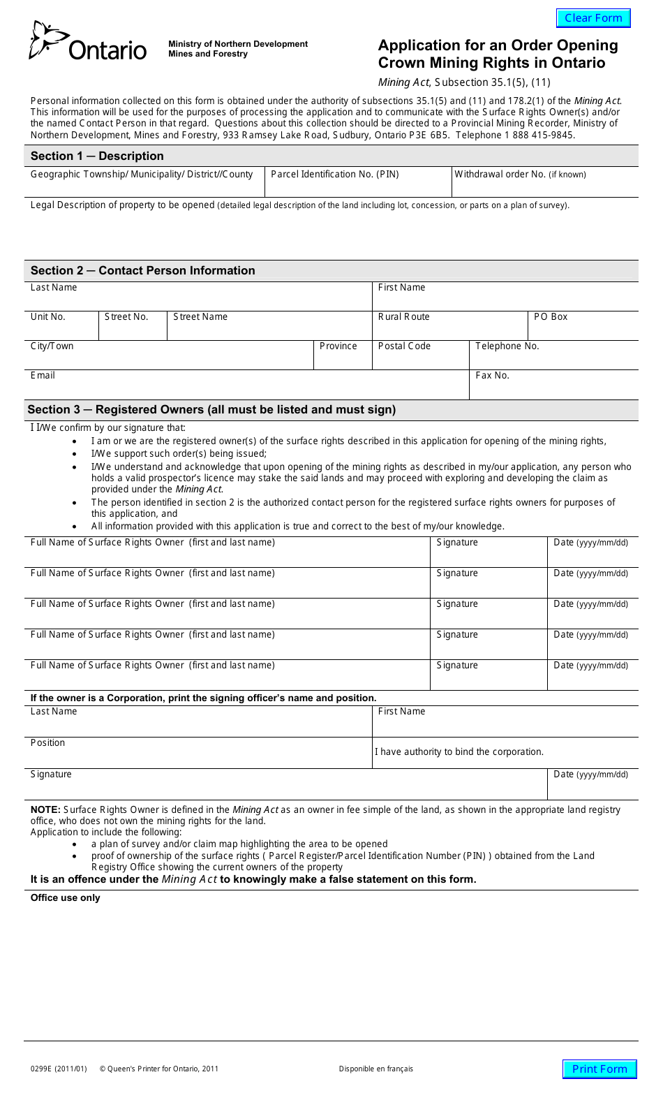 Form 0299E Application for an Order Opening Crown Mining Rights in Ontario - Ontario, Canada, Page 1