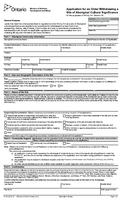 Form 0311E Application for an Order Withdrawing a Site of Aboriginal Cultural Significance - Ontario, Canada