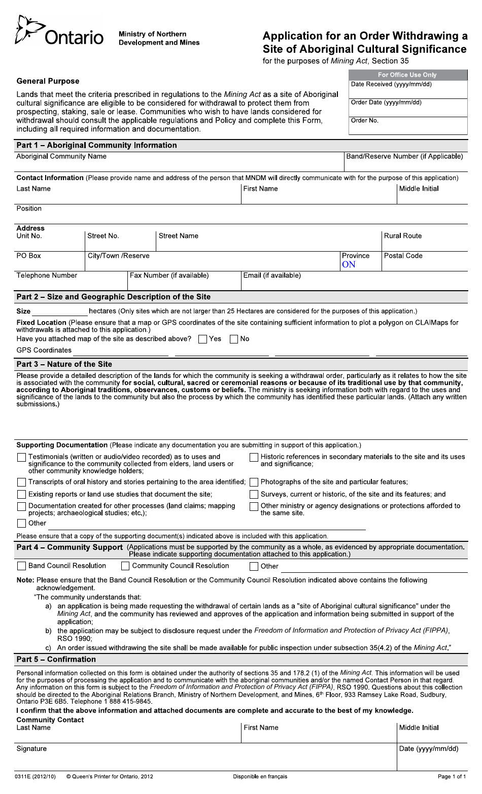 Form 0311E Application for an Order Withdrawing a Site of Aboriginal Cultural Significance - Ontario, Canada, Page 1