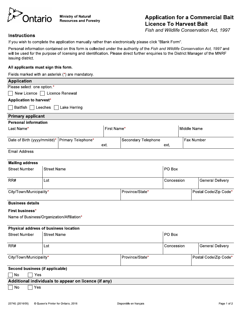 Form 2374E Application for a Commercial Bait Licence to Harvest Bait - Ontario, Canada, Page 1