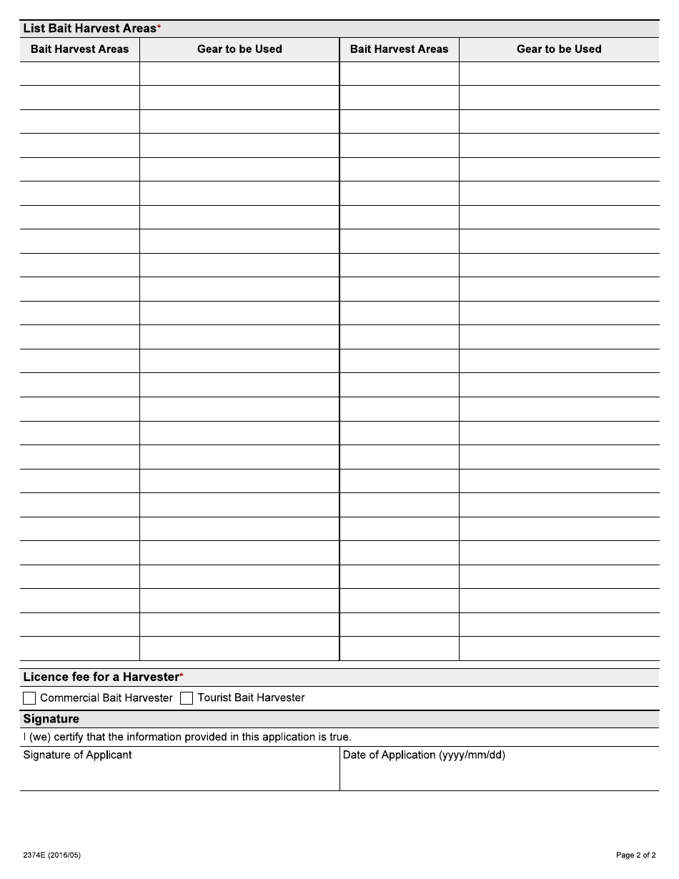Form 2374E Application for a Commercial Bait Licence to Harvest Bait - Ontario, Canada, Page 2