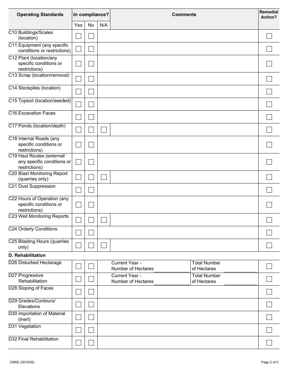 Form 2390E Aggregate Permittees Compliance Assessment Report - Aggregate Resources Act - Ontario, Canada, Page 2