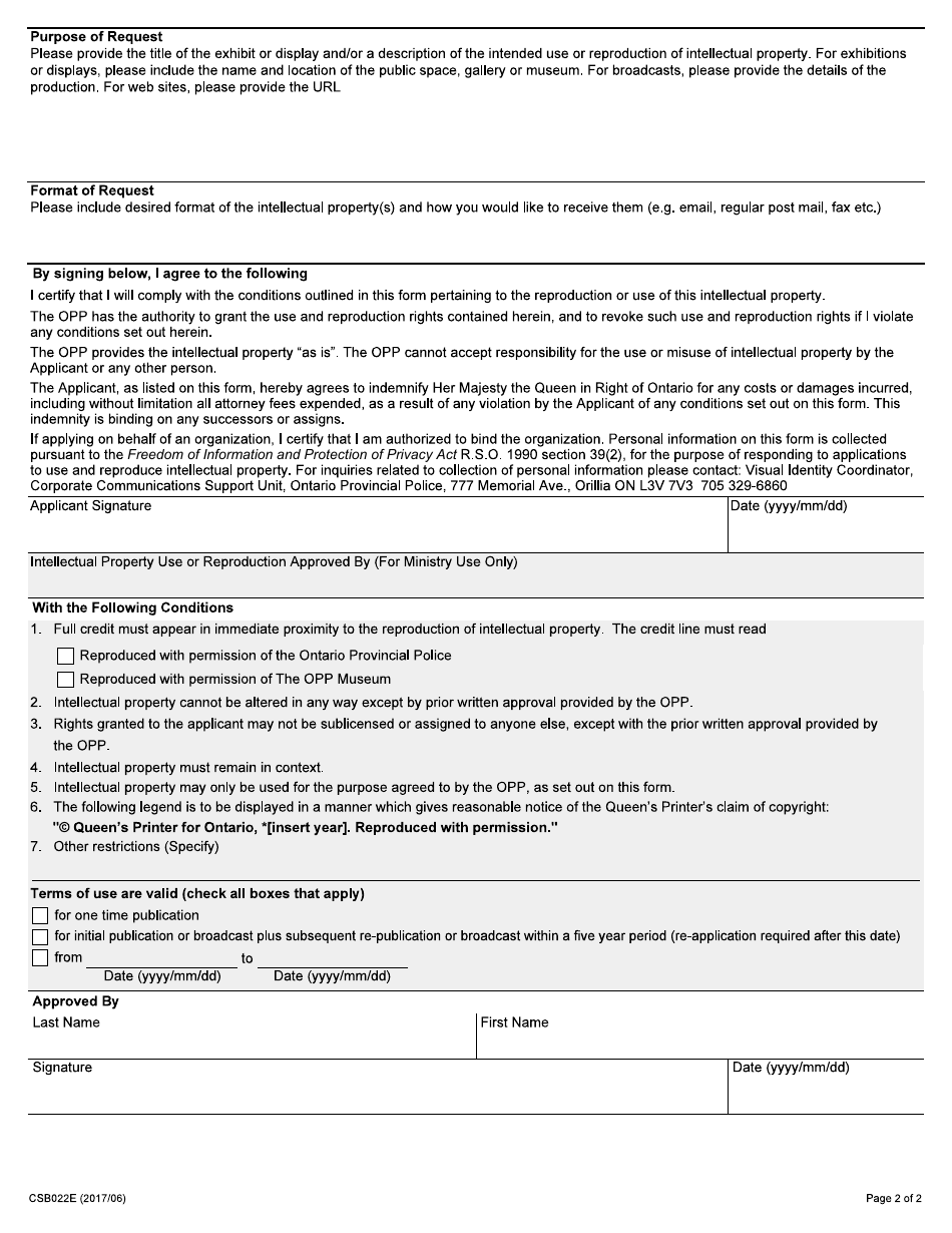 Form CSB022E Application for Non-commercial Intellectual Property License - Ontario, Canada, Page 2