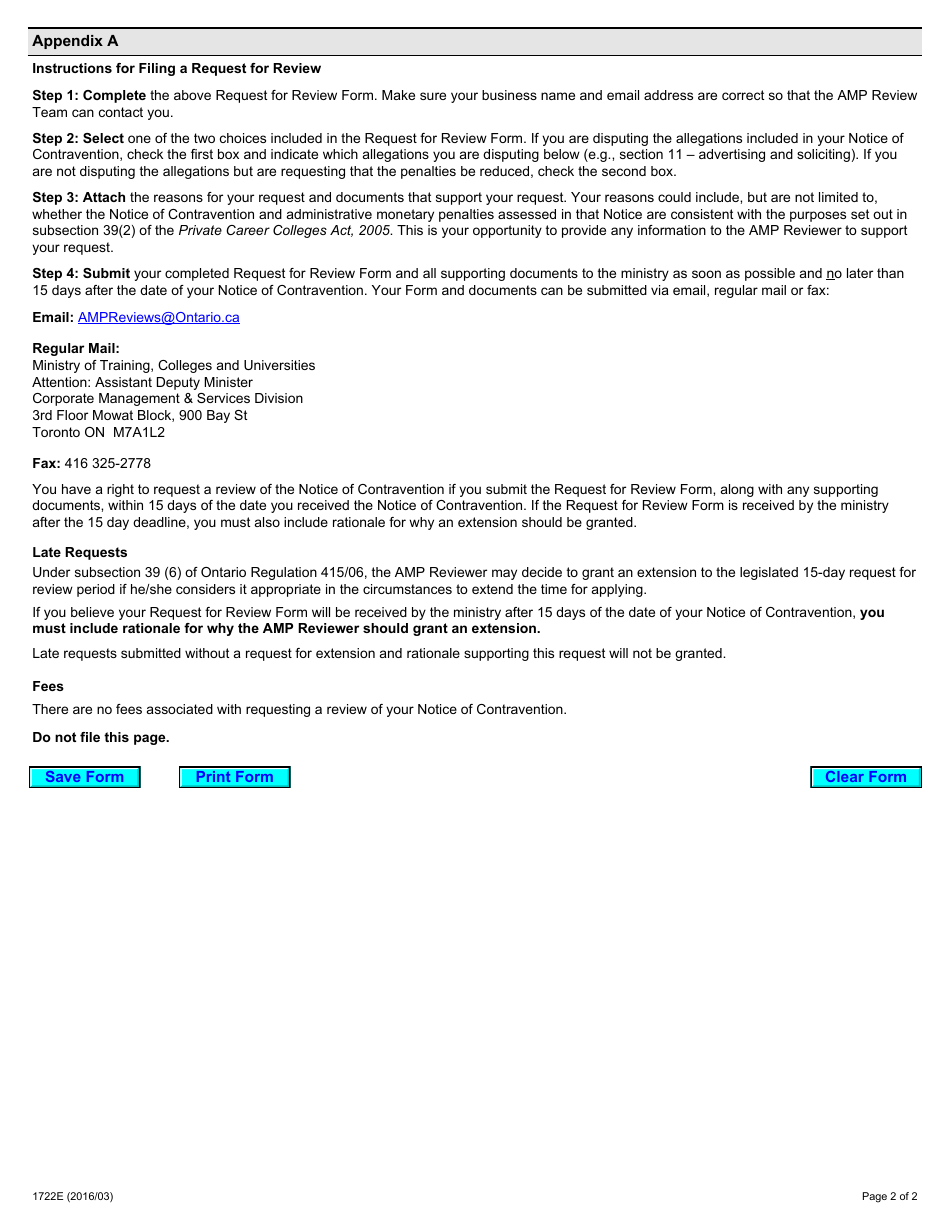 Form 1722E Administrative Monetary Penalties - Request for Review Form - Ontario, Canada, Page 2