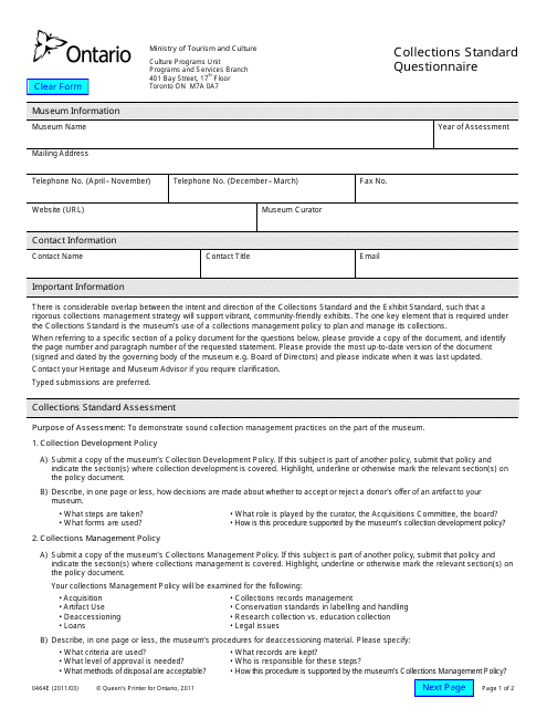 Form 0464E Collections Standard Questionnaire - Ontario, Canada
