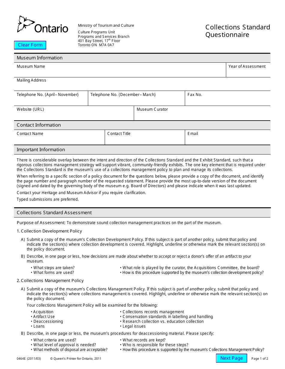 Form 0464E Collections Standard Questionnaire - Ontario, Canada, Page 1