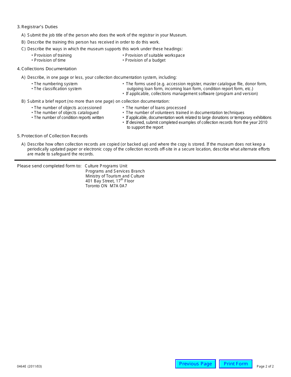 Form 0464E Collections Standard Questionnaire - Ontario, Canada, Page 2