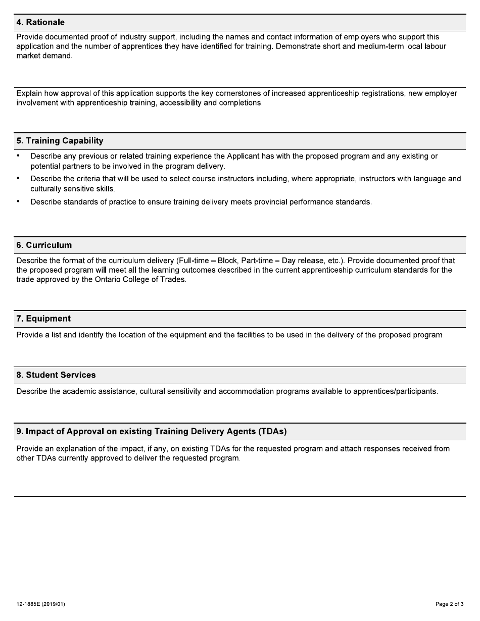 Form 12-1885E Application for Apprenticeship Training Delivery Agent - Ontario, Canada, Page 2