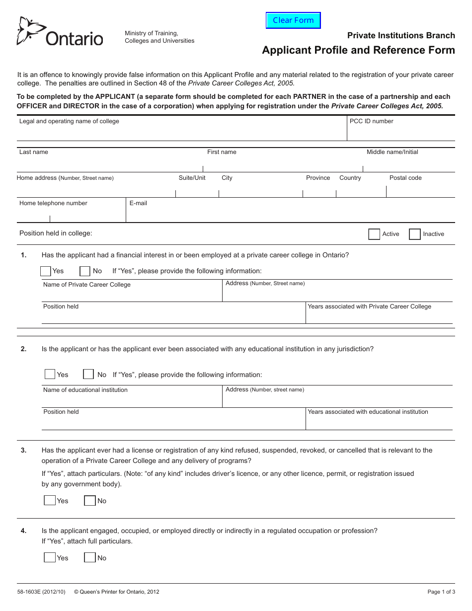 Form 58-1603E Applicant Profile and Reference Form - Ontario, Canada, Page 1