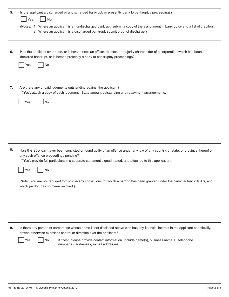 Form 58-1603E Applicant Profile and Reference Form - Ontario, Canada, Page 2