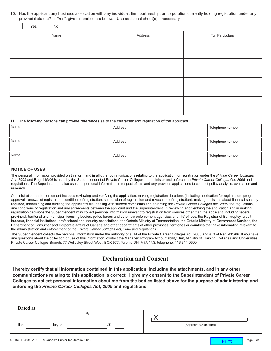 Form 58-1603E Applicant Profile and Reference Form - Ontario, Canada, Page 3
