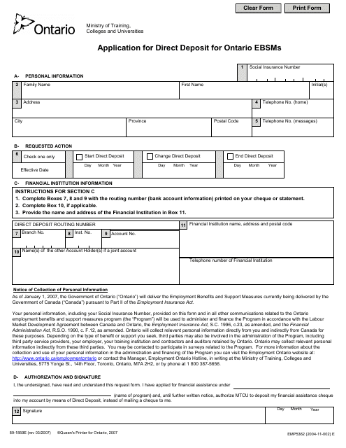 Form 89-1859 E Application for Direct Deposit for Ontario Ebsms - Ontario, Canada