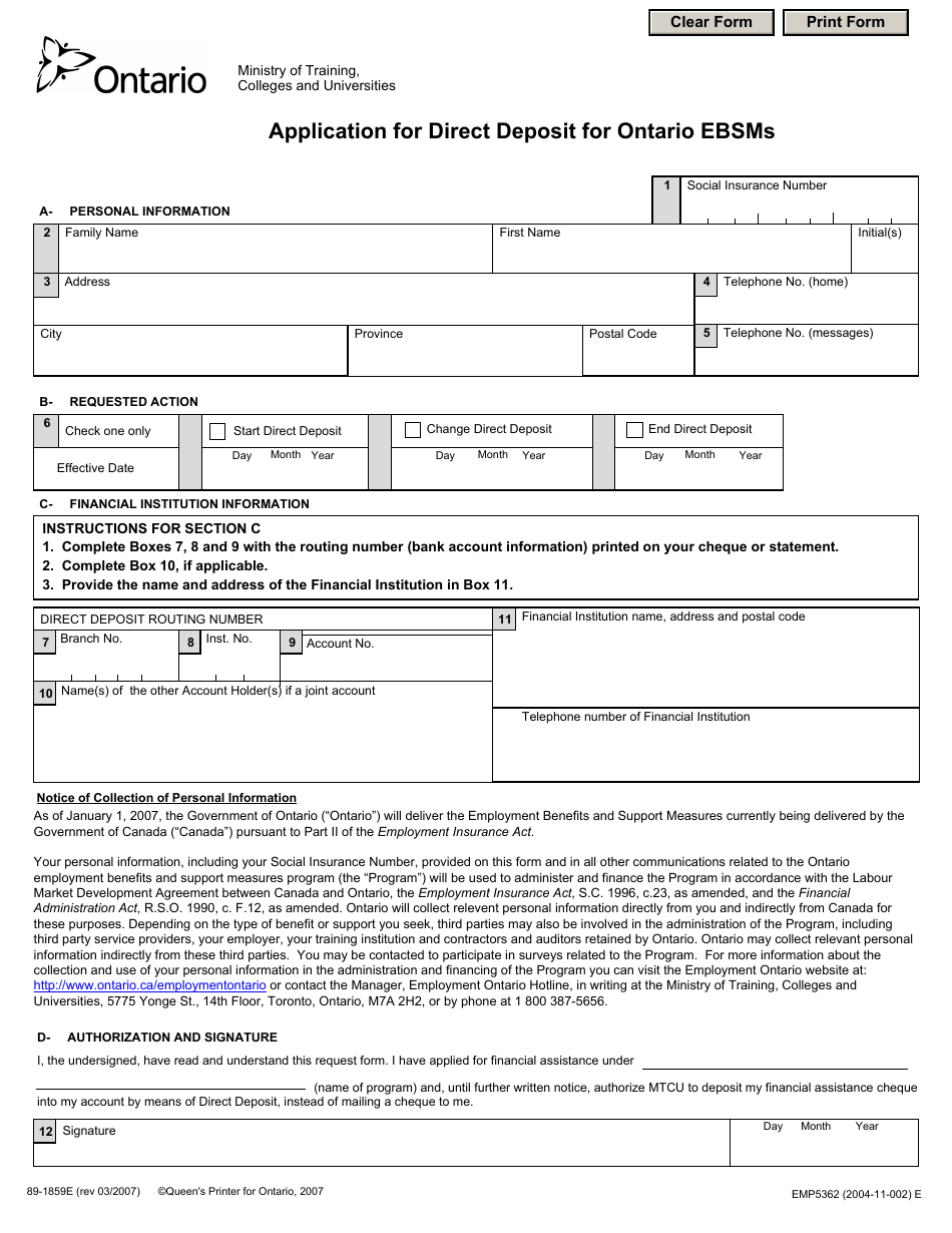 Form 89-1859 E Application for Direct Deposit for Ontario Ebsms - Ontario, Canada, Page 1