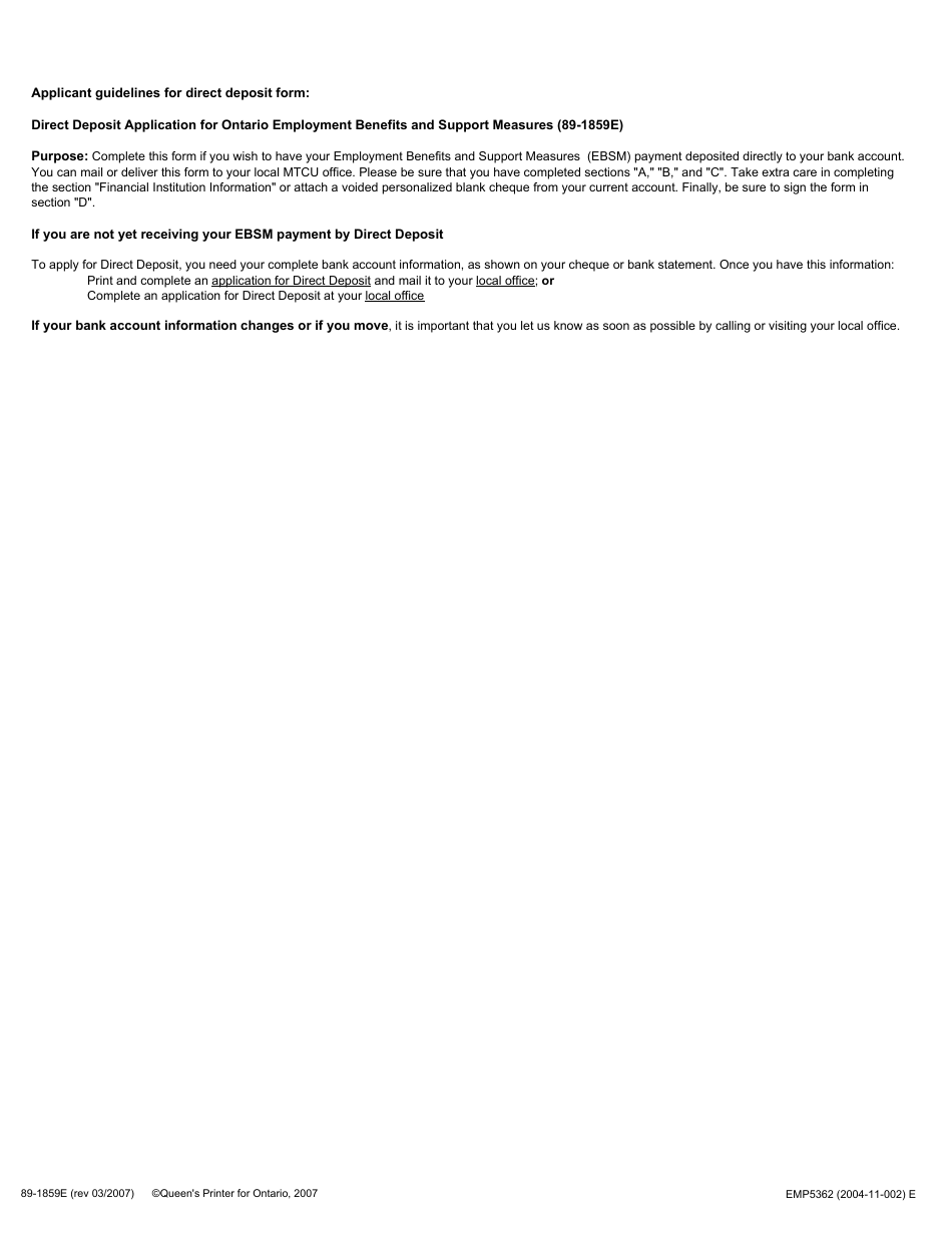 Form 89-1859 E Application for Direct Deposit for Ontario Ebsms - Ontario, Canada, Page 2