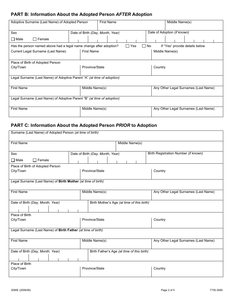 Form 3090E Adopted Persons and Descendant of Adopted Persons Application to Request a Severe Medical Search - Ontario, Canada, Page 2