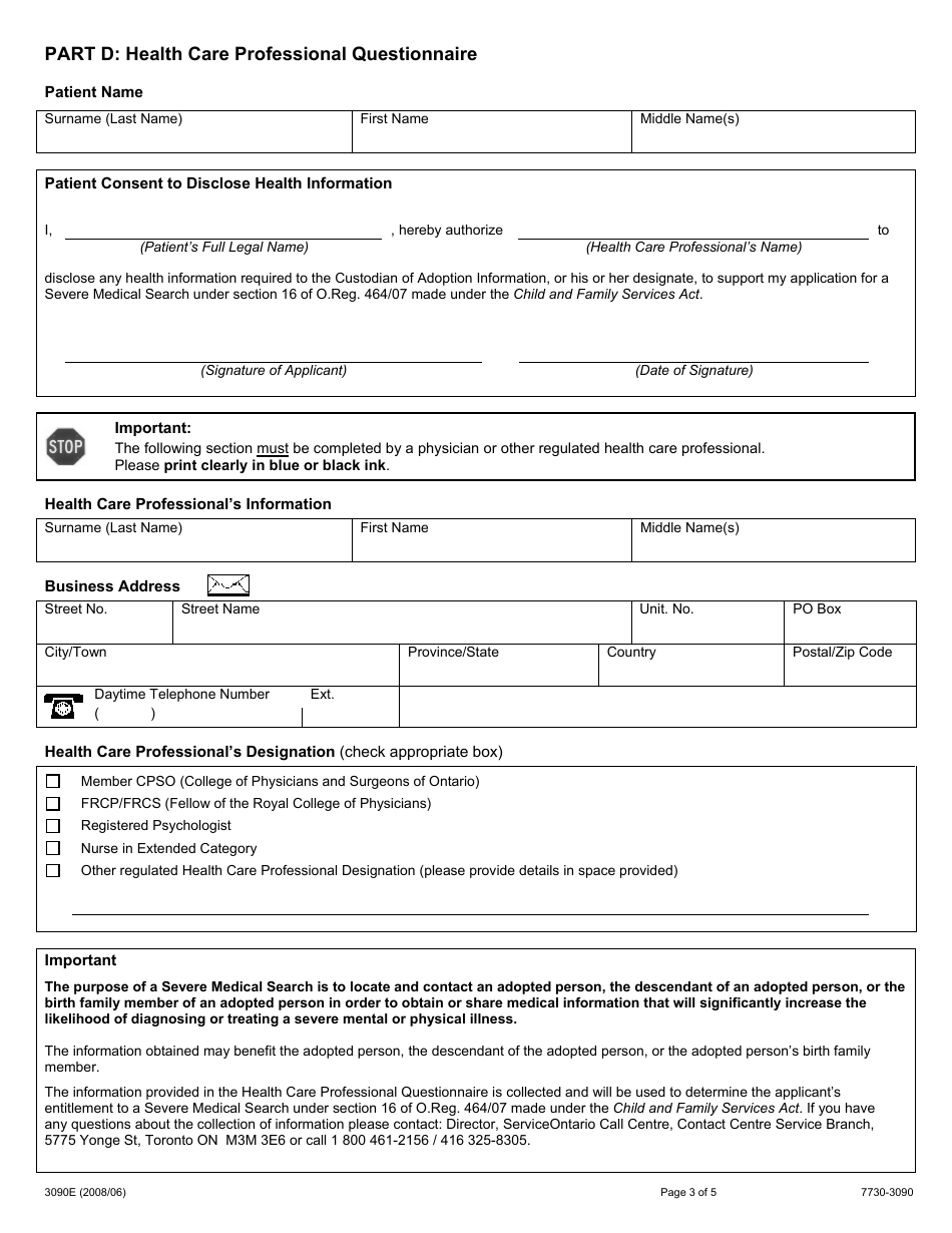 Form 3090E Adopted Persons and Descendant of Adopted Persons Application to Request a Severe Medical Search - Ontario, Canada, Page 3