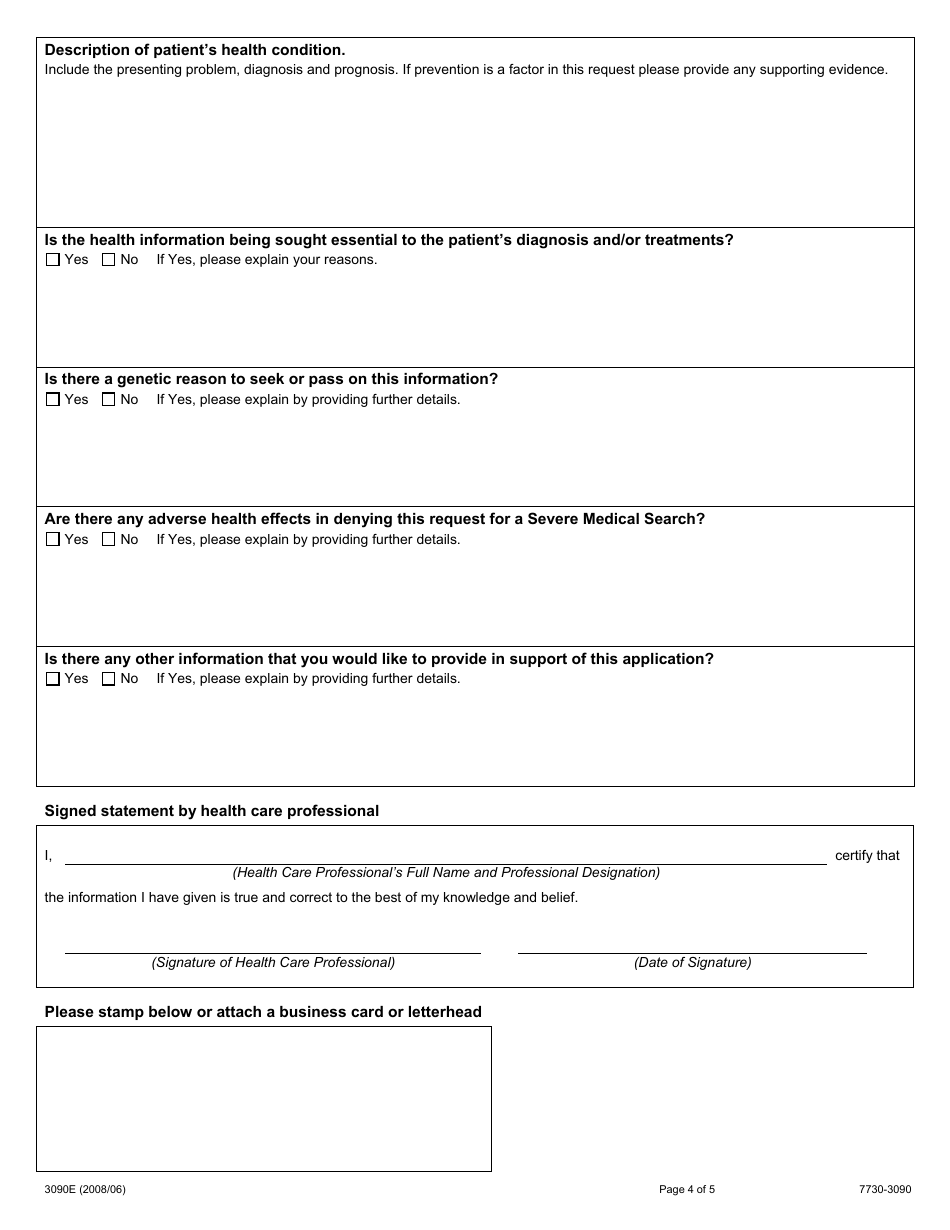 Form 3090E Adopted Persons and Descendant of Adopted Persons Application to Request a Severe Medical Search - Ontario, Canada, Page 4
