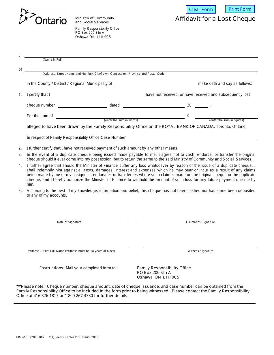 Form FRO-13E Affidavit for a Lost Cheque - Ontario, Canada, Page 1