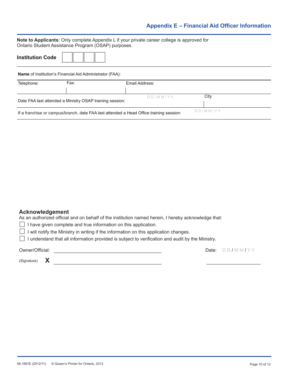 Form 58-1691E Application for Program Approval - Flight Training - Ontario, Canada, Page 10