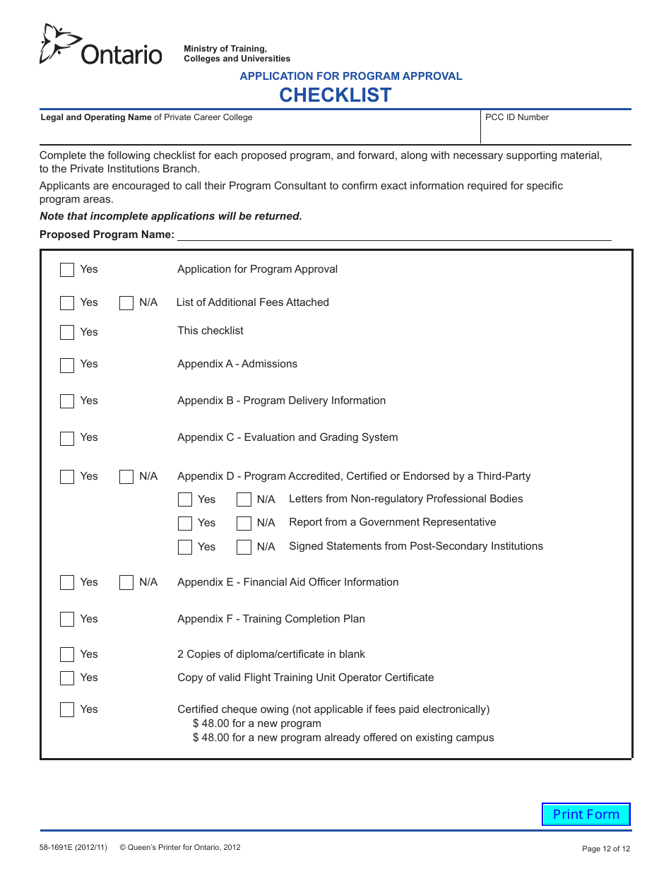Form 58-1691E Application for Program Approval - Flight Training - Ontario, Canada, Page 12