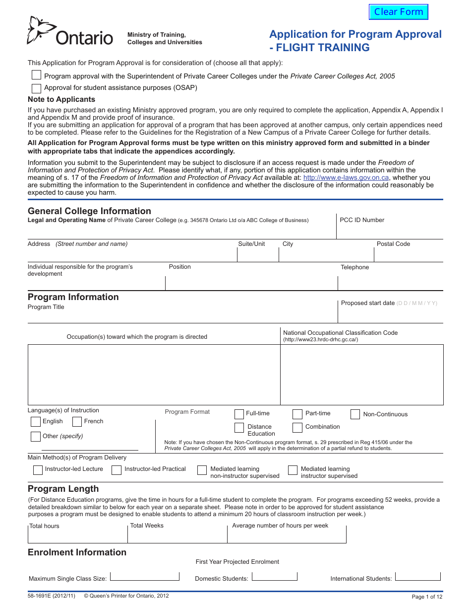 Form 58-1691E Application for Program Approval - Flight Training - Ontario, Canada, Page 1