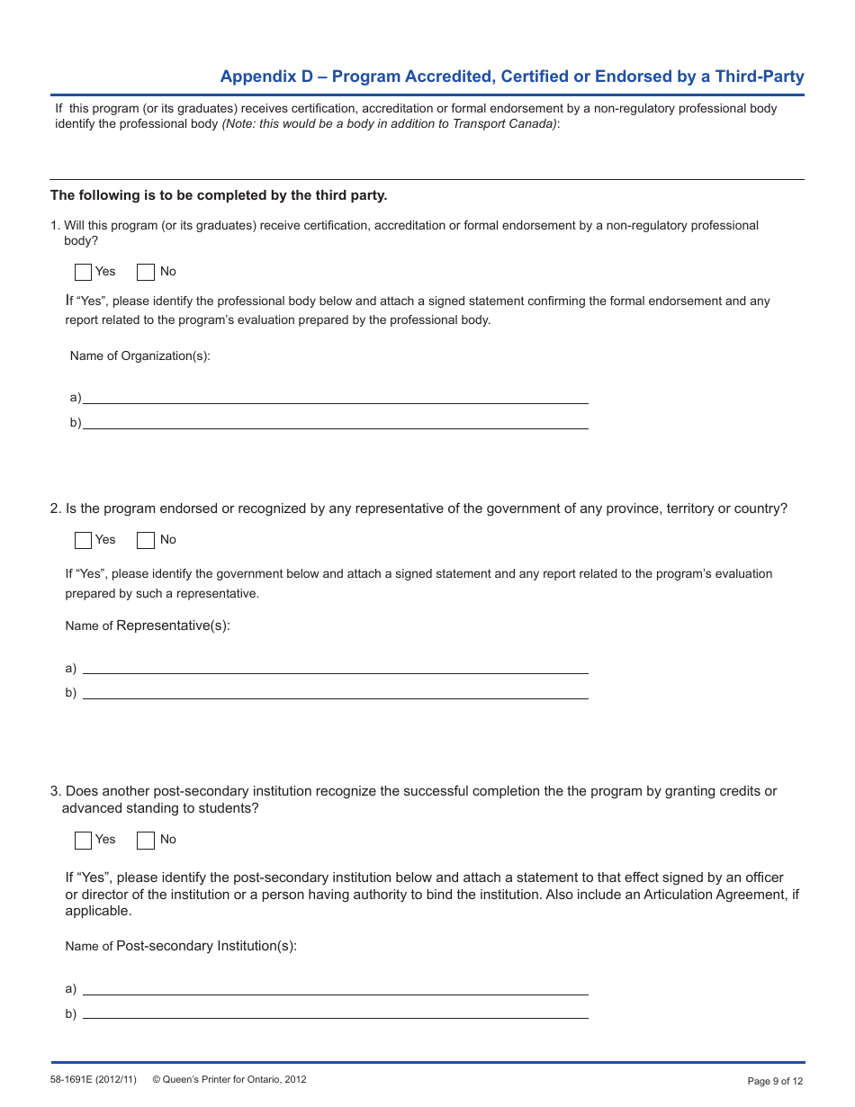 Form 58-1691E Application for Program Approval - Flight Training - Ontario, Canada, Page 9