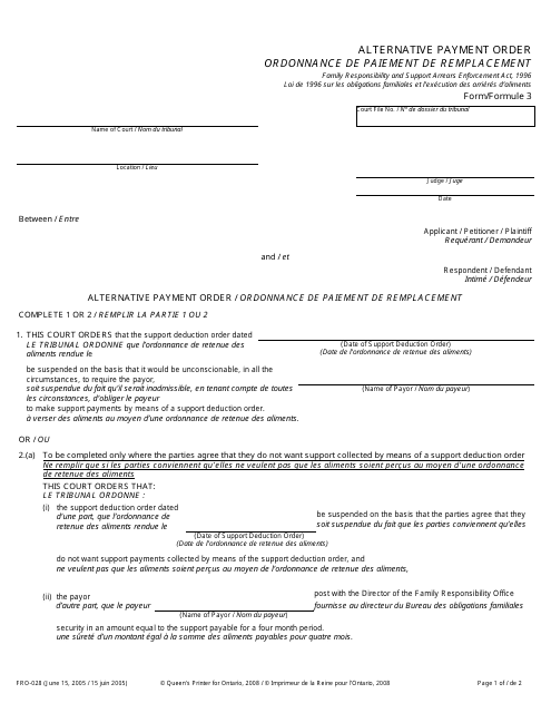 Form 3 (FRO-028) Alternative Payment Order - Ontario, Canada (English/French)