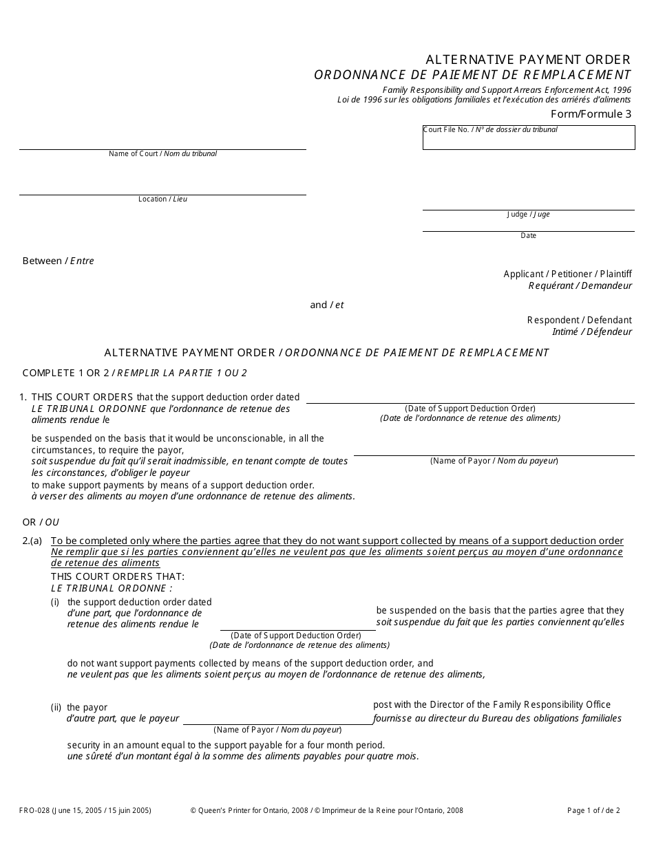 Form 3 (FRO-028) Alternative Payment Order - Ontario, Canada (English / French), Page 1