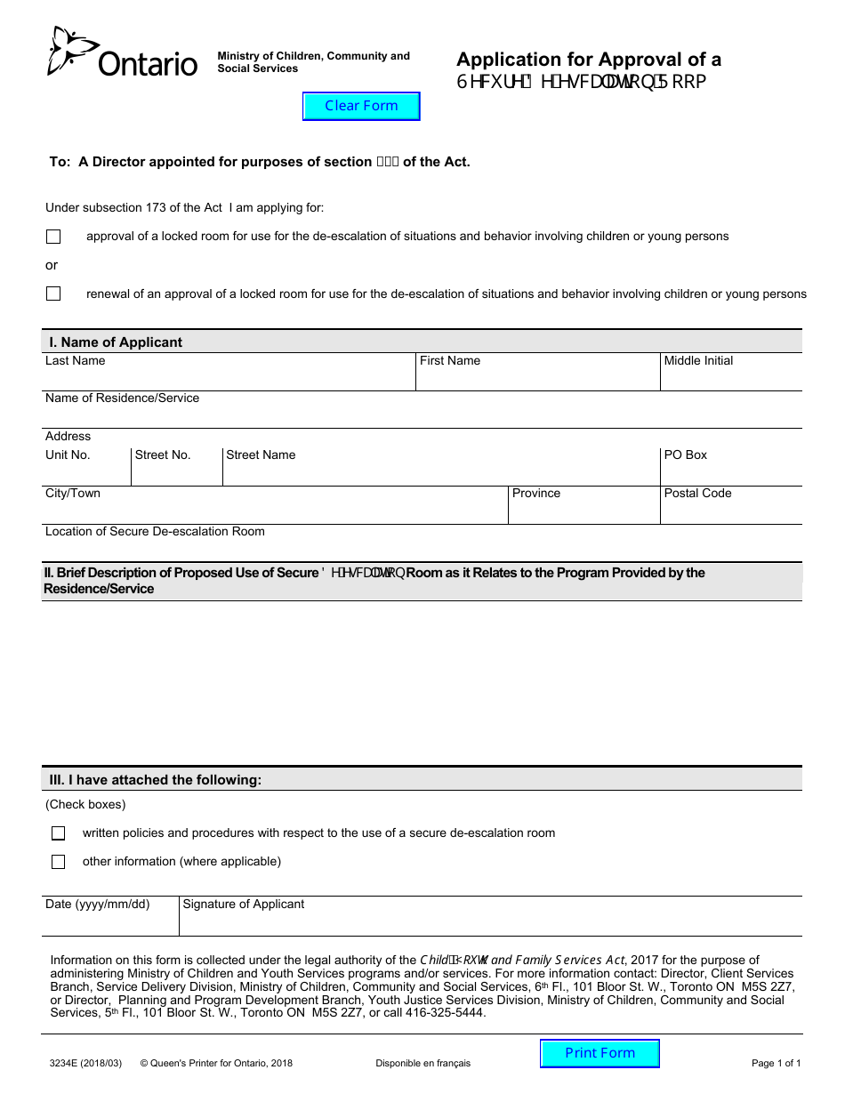 Form 3234E Application for Approval of a Secure De-escalation Room - Ontario, Canada, Page 1