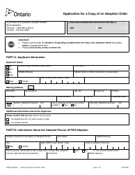 Form 3095E &quot;Application for a Copy of an Adoption Order&quot; - Ontario, Canada