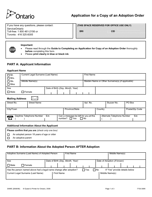 Form 3095E Application for a Copy of an Adoption Order - Ontario, Canada