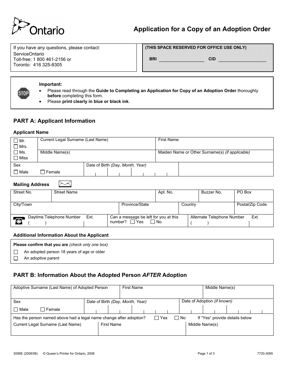 Form 3095E Application for a Copy of an Adoption Order - Ontario, Canada, Page 1