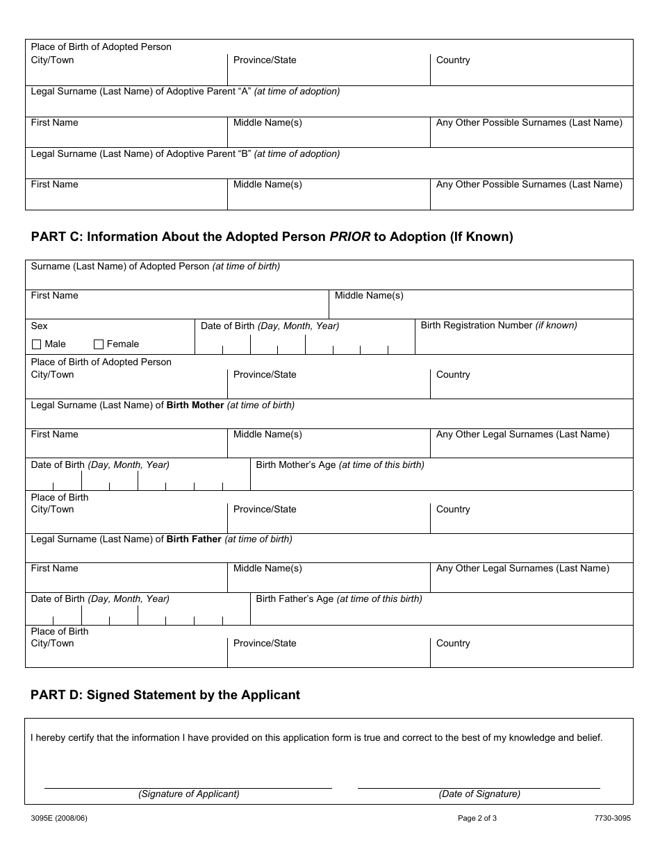Form 3095E Application for a Copy of an Adoption Order - Ontario, Canada, Page 2