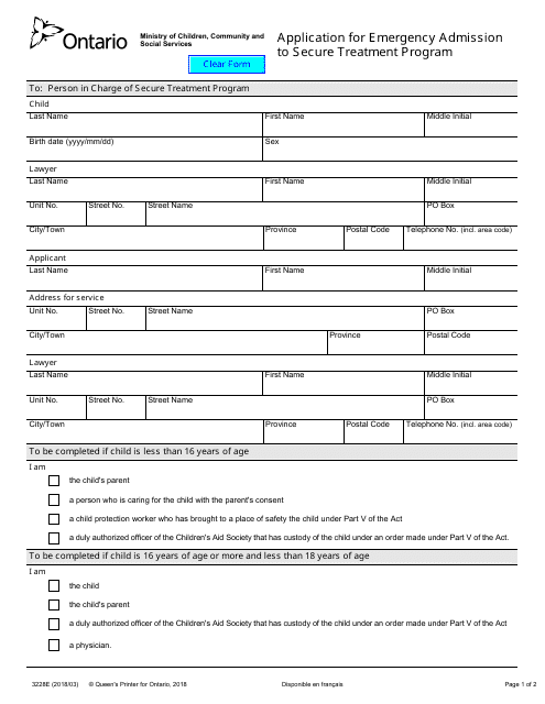 Form 3228E Application for Emergency Admission to Secure Treatment Program - Ontario, Canada