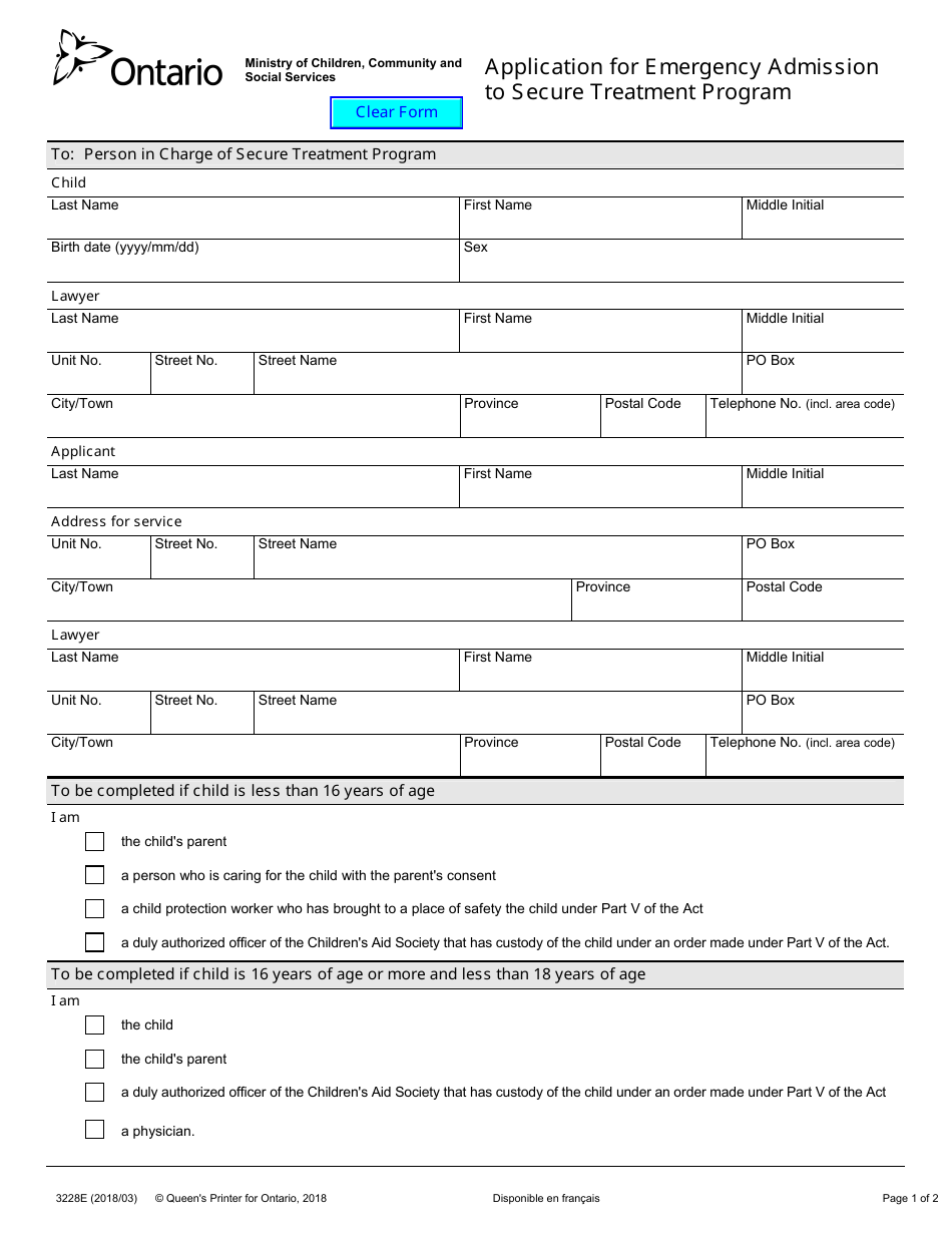 Form 3228E Application for Emergency Admission to Secure Treatment Program - Ontario, Canada, Page 1