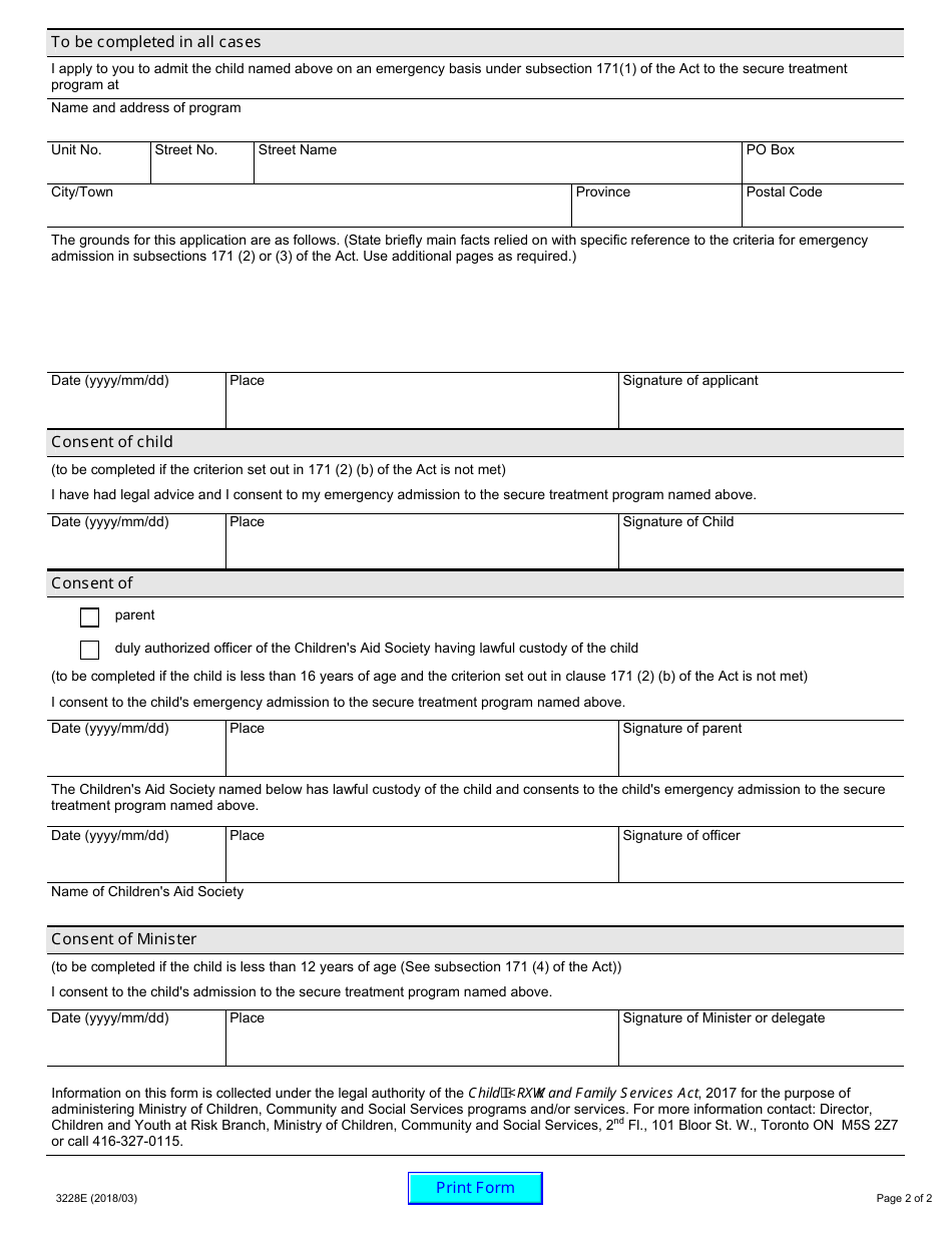Form 3228E Application for Emergency Admission to Secure Treatment Program - Ontario, Canada, Page 2