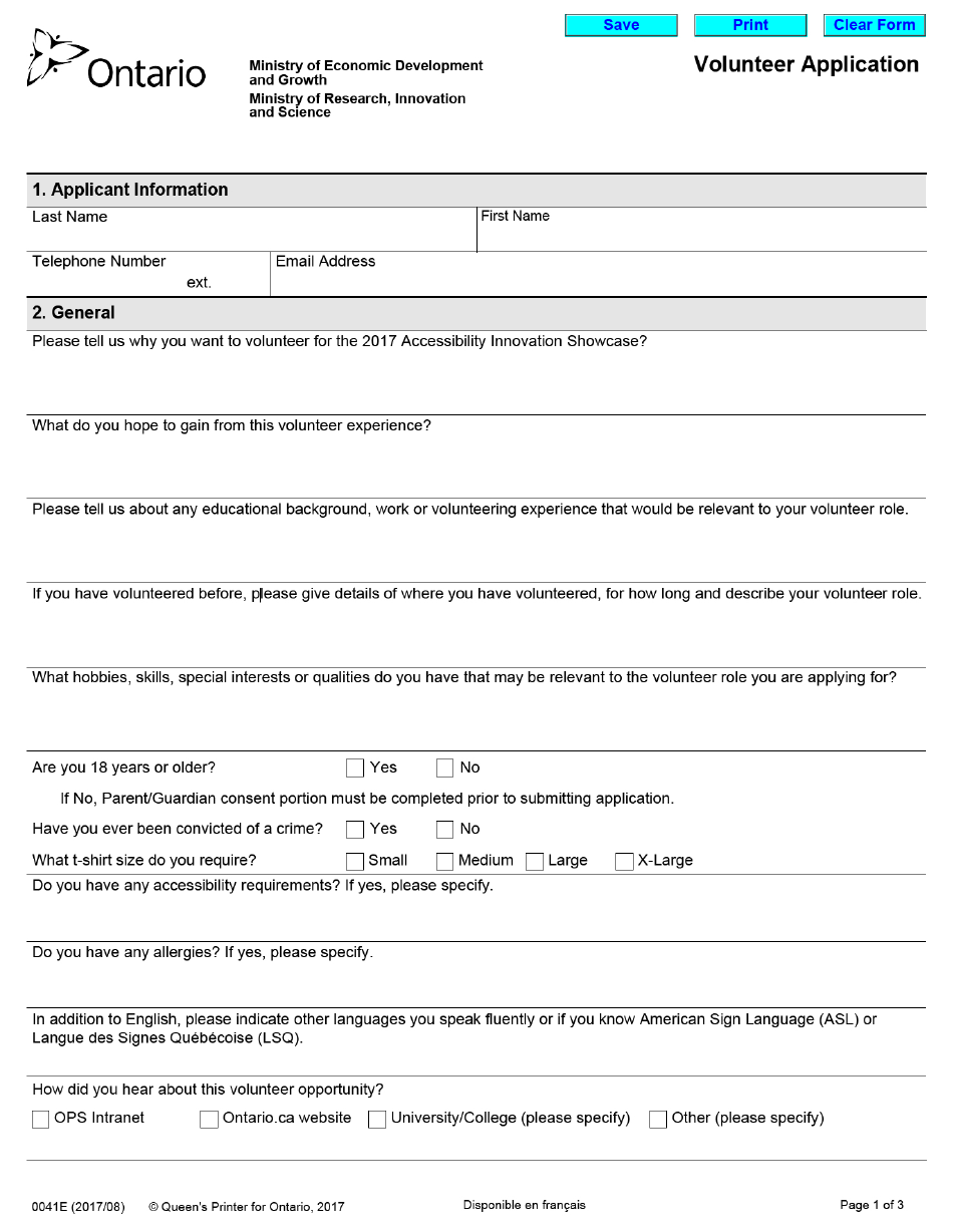 Form 0041E Accessibility Innovation Showcase - Volunteer Application - Ontario, Canada, Page 1
