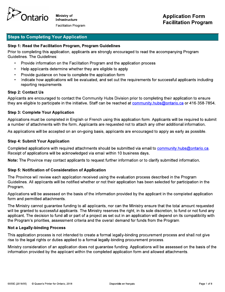 Form 0050E Application Form - Facilitation Program - Ontario, Canada, Page 1