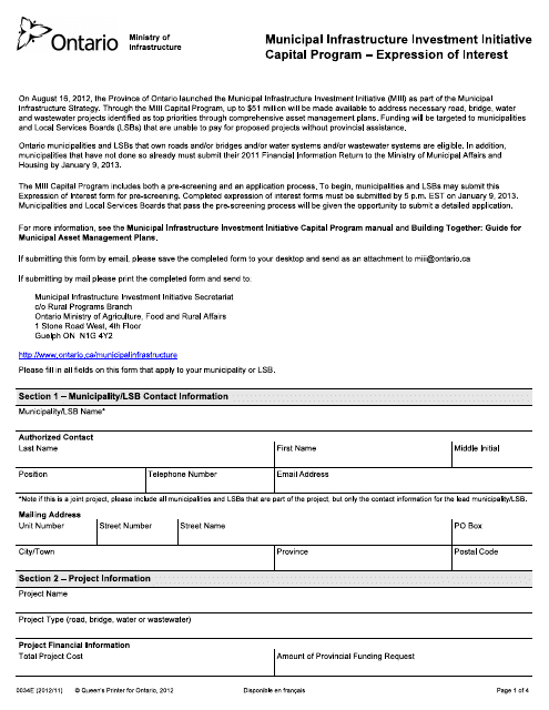 Form 0034E Municipal Infrastructure Investment Initiative Capital Program - Expression of Interest - Ontario, Canada