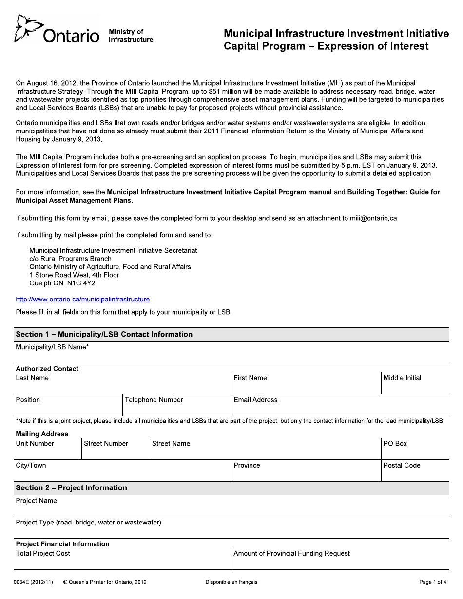 Form 0034E Municipal Infrastructure Investment Initiative Capital Program - Expression of Interest - Ontario, Canada, Page 1