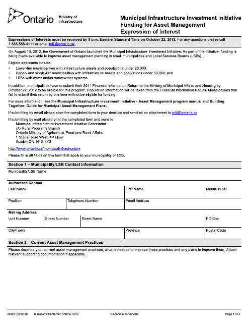 Form 0032E Municipal Infrastructure Investment Initiative, Funding for Asset Management, Expression of Interest - Ontario, Canada