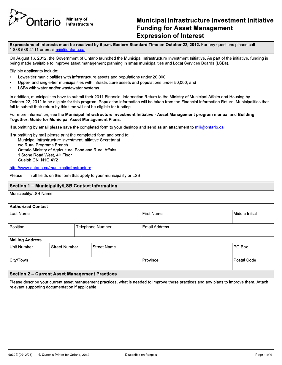 Form 0032E Municipal Infrastructure Investment Initiative, Funding for Asset Management, Expression of Interest - Ontario, Canada, Page 1