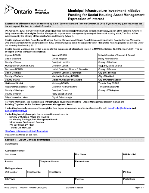 Form 0033E Municipal Infrastructure Investment Initiative, Funding for Social Housing Asset Management, Expression of Interest - Ontario, Canada